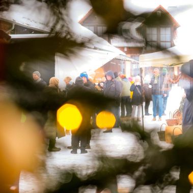 Blick durch geschmückte Tannenzweige auf Weihnachtsmarktstände und Besucher:innen im Hof von Gut Herbigshagen