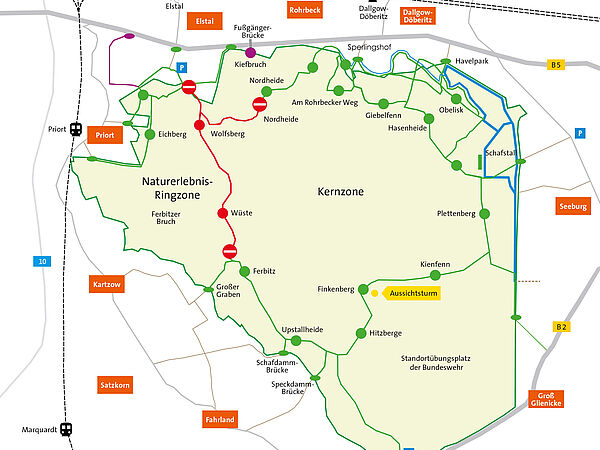Karte mit aktuellen Wegesperrungen in Sielmanns Naturlandschaft Döberitzer Heide am 07.08. und 08.08.2023.