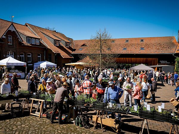 Menschen an einem Kräuterverkaufsstand auf dem Hof von Gut Herbigshagen